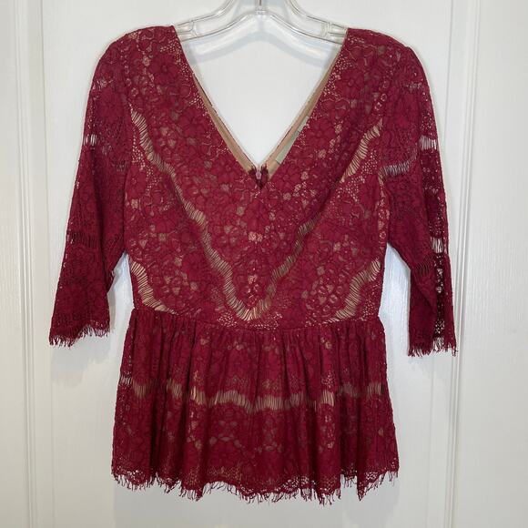 Anthropologie Maeve Needle Lace Peplum Top Burgundy Vneck S - Picture 2 of 5